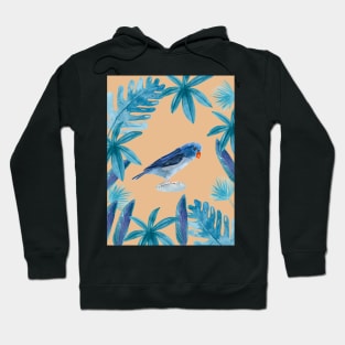 Blue Pacific Parrotlet with tropical leaves  and a coral background Hoodie